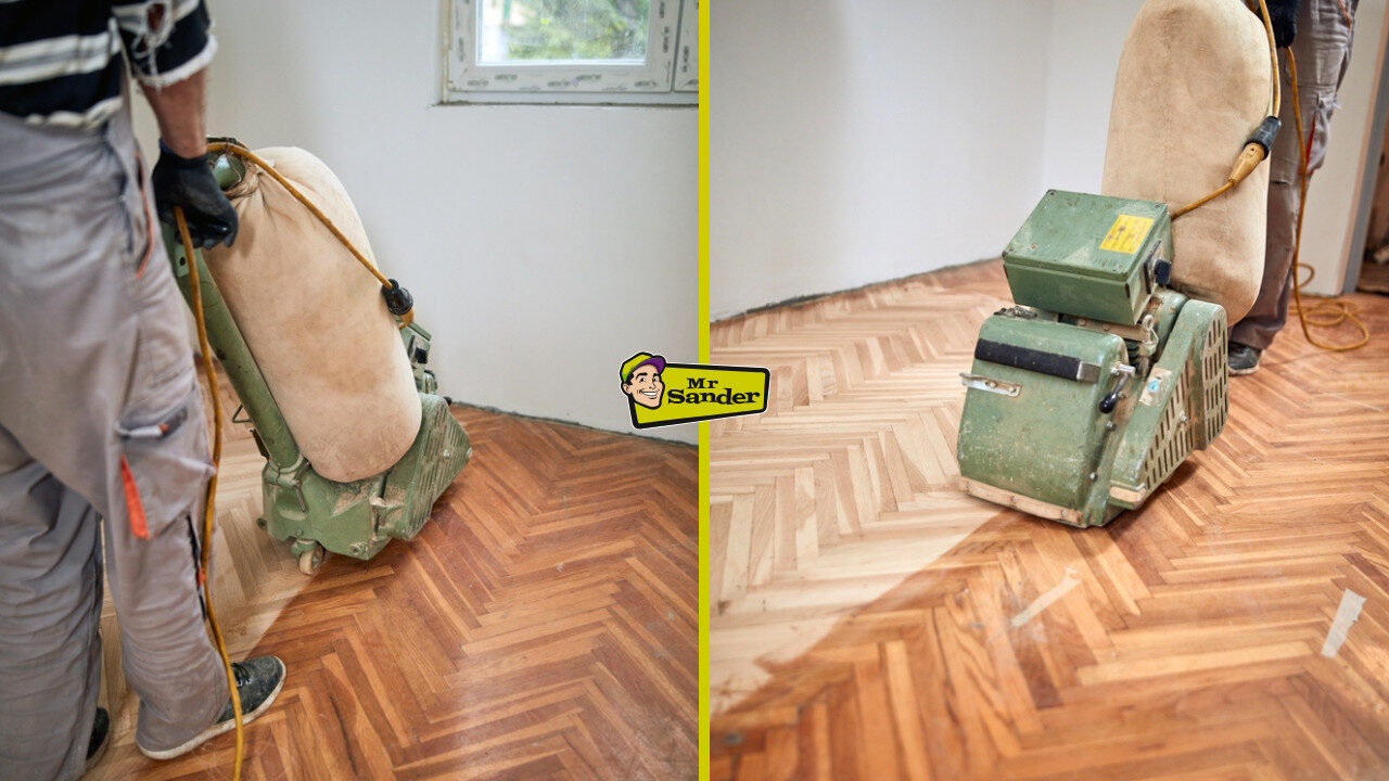 Side-by-side view of a professional belt sander restoring a herringbone oak parquet floor—surface preparation before varnishing wood floors.