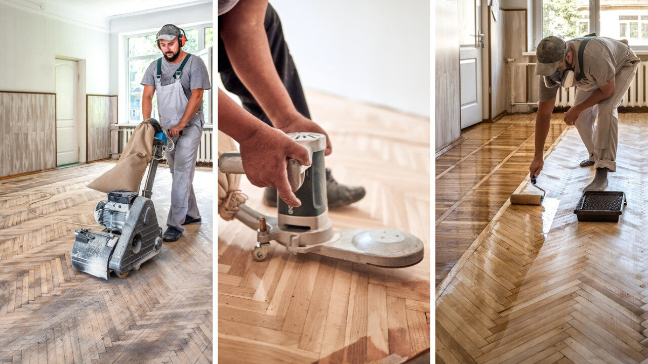 Three-step process for varnishing wood floors on an oak herringbone parquet floor: belt sanding, rotary edging, and rolling on varnish for a smooth, even finish.