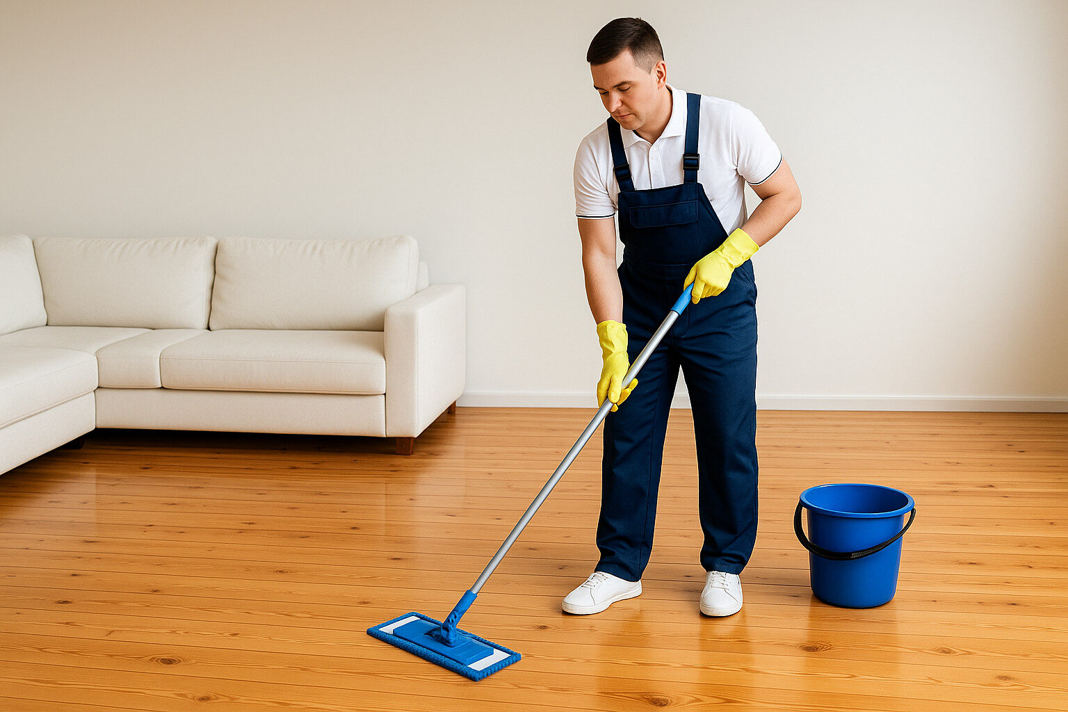 Victorian Pine Floor aftercare—professional cleaner using a mop and bucket to maintain softwood pine floorboards with a smooth protective finish.