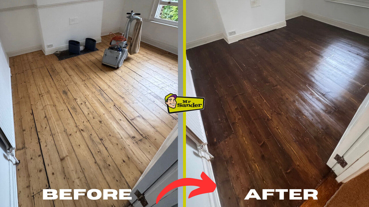 Before and after results of Victorian Pine Floor Sanding showing transformation from bare pine boards to a rich dark-stained pine wood floor.