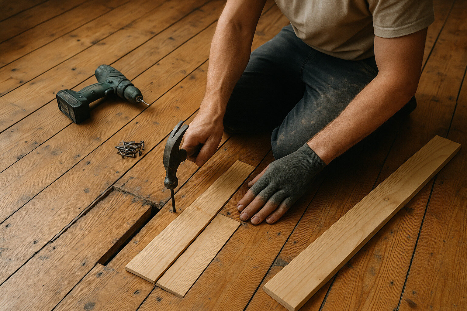 Victorian Pine Floor Sanding prep — repairing solid pine floorboards with new tongue-and-groove slats before sanding.