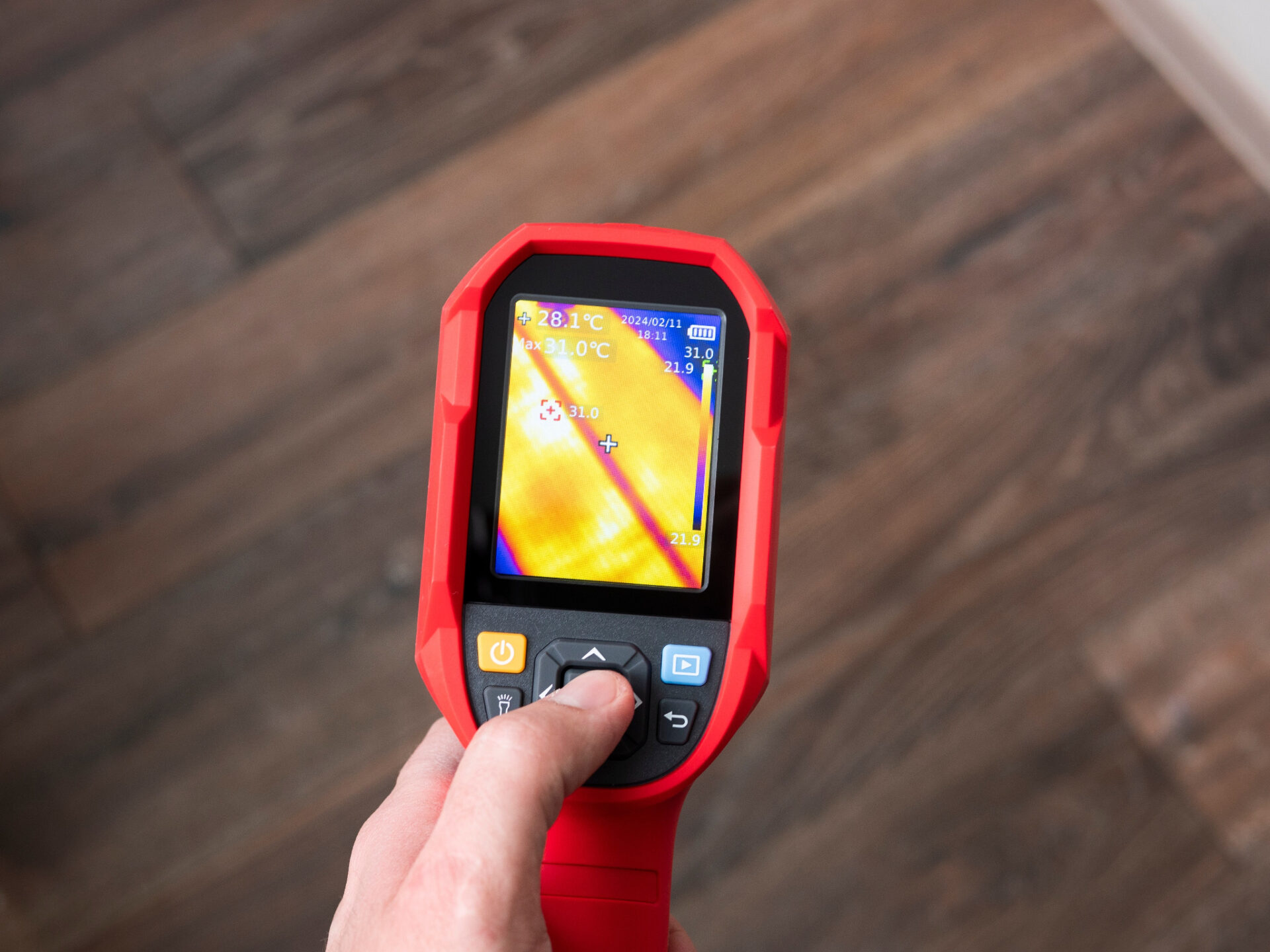Thermal imaging check during Victorian Pine Floor Sanding showing heat distribution on pine wood flooring.
