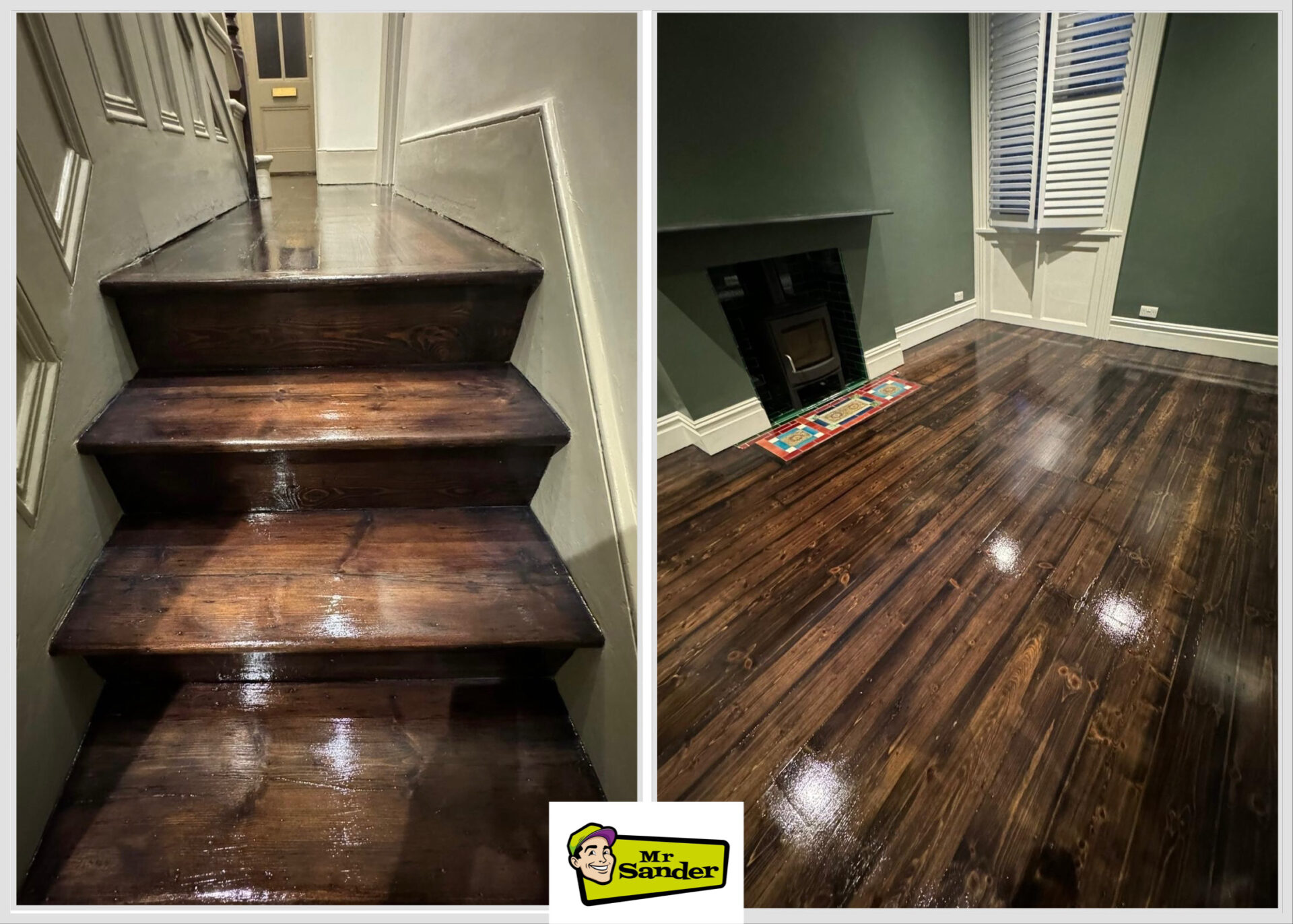 A side-by-side view of a wooden staircase and a living room both finished with professional dark wood floor staining on Victorian pine floorboards.