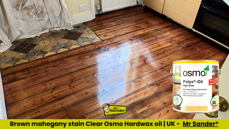 Osmo Oil‑Based Floor Stains on brown‑mahogany‑stained pine kitchen floorboards, freshly sanded and sealed to a high‑gloss finish- Water-Based vs Oil-Based Floor Stains
