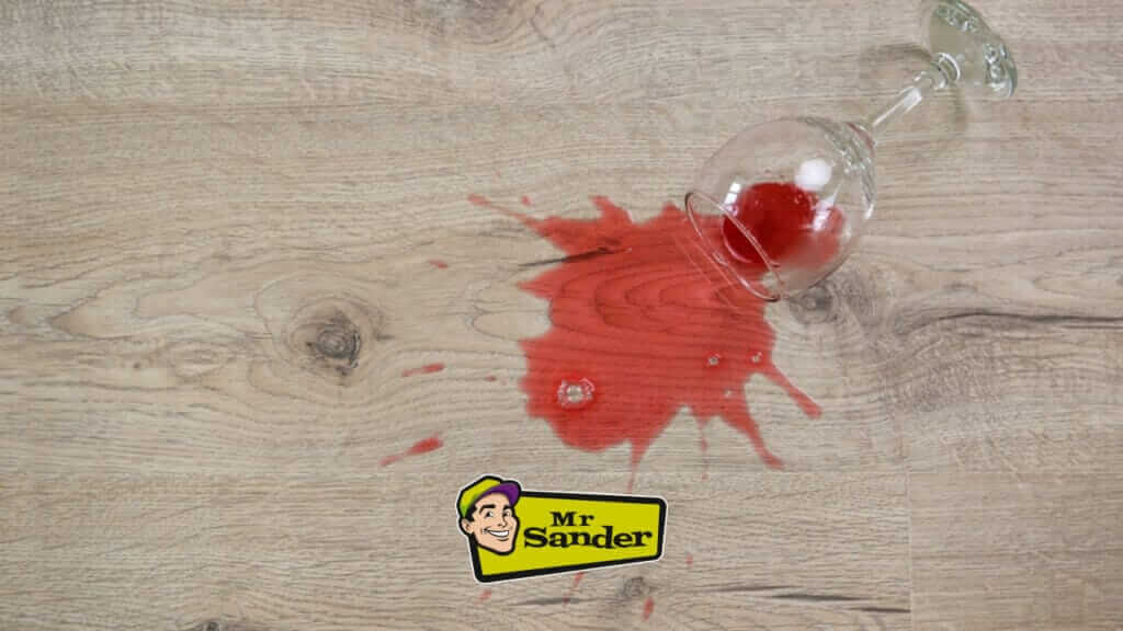 A spilled glass of red wine on a light-colored wood floor. The Mr. Sander logo is visible in the bottom corner.