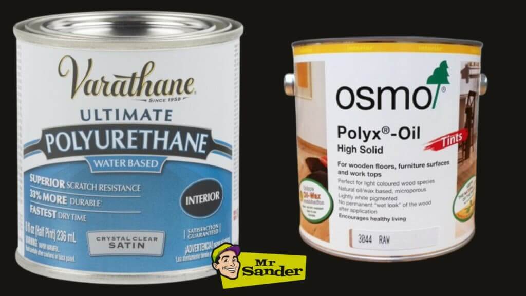 A comparison of two floor finishing products used by Mr Sander®. On the left, a can of Varathane Ultimate Polyurethane, a water-based interior finish offering superior scratch resistance. On the right, a can of Osmo Polyx®-Oil High Solid, suitable for wooden floors and furniture surfaces, providing a natural oil/wax-based finish.
