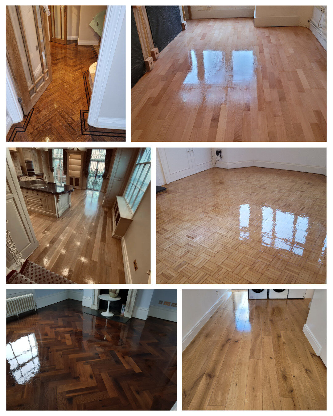 Collage of six photos displaying different wood-floor finishes—including dark walnut herringbone, glossy maple block, honey-oak planks and classic parquet—highlighting the craftsmanship of recent installations.
