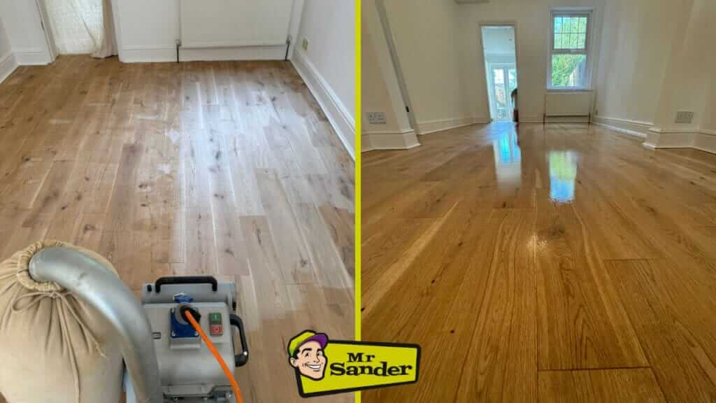 A side-by-side comparison of a wooden floor before and after refinishing. On the left, the floor is being sanded with a floor sanding machine, showing a dull and uneven surface. On the right, the same floor is seen after refinishing, with a smooth, glossy finish that reflects light. The Mr. Sander® logo is displayed at the bottom center, highlighting the quality transformation.