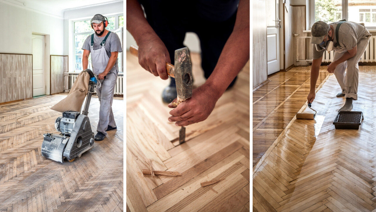 Three-stage wood floor renewal and wood floor restoration of a herringbone parquet floor—dust-controlled sanding, precise block repairs, and roller-applied lacquer for a warm satin finish by Mr Sander.