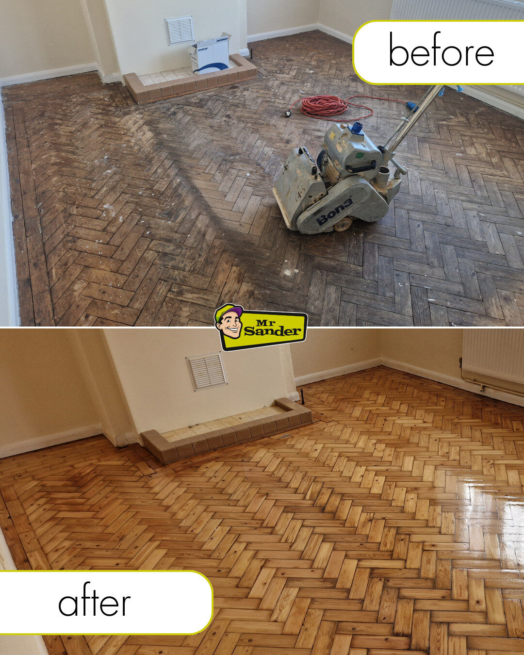 Before-and-after Wood Floor Renewal and wood floor restoration of a herringbone parquet floor—worn, dark blocks sanded, repaired, gap-filled and sealed to a warm satin finish by Mr Sander.