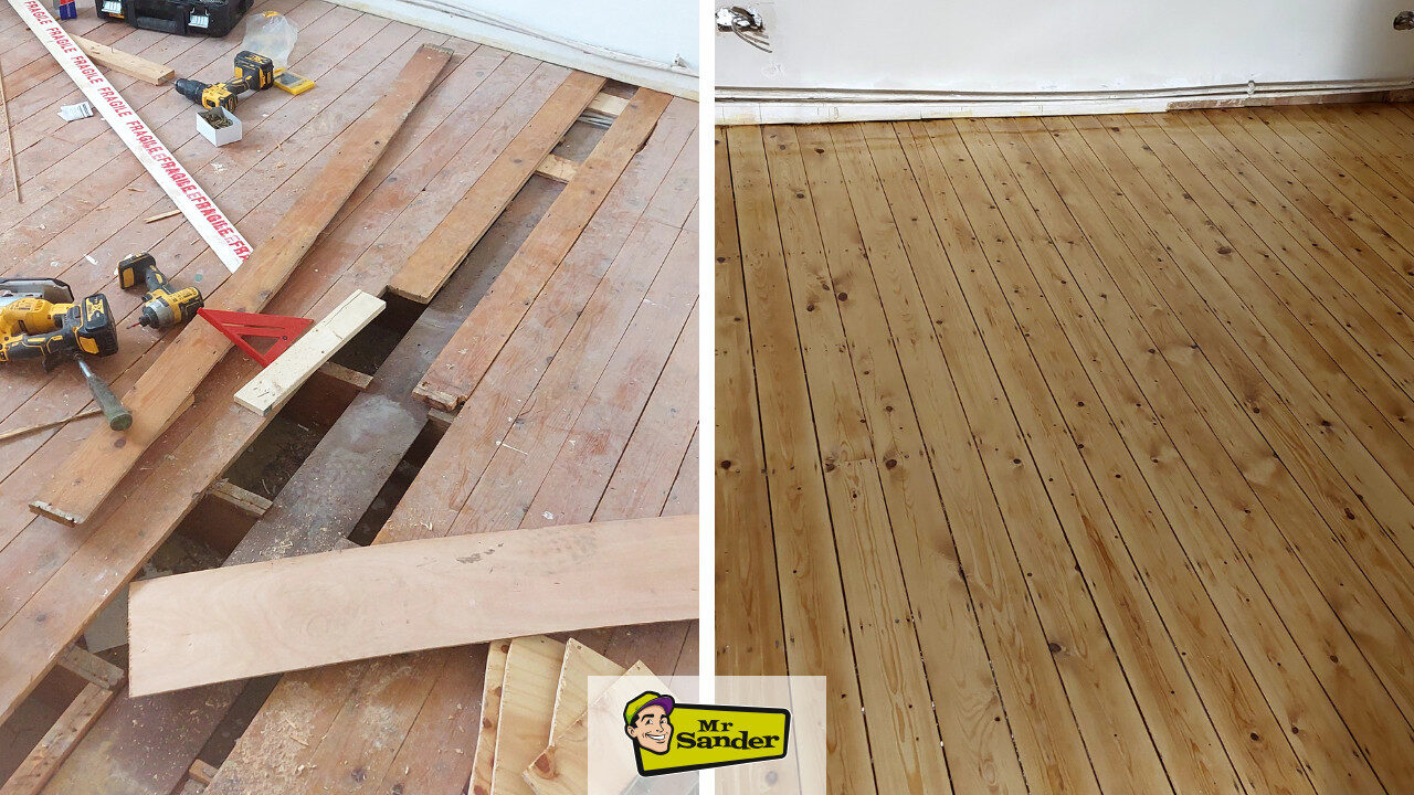 Wood Floor Repair – before and after board replacement and sanding on pine floorboards by Mr Sander