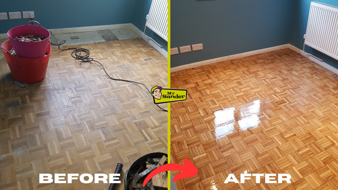 Wood Floor Restoration before-and-after on oak finger-block parquet (hardwood), showing a dull, scuffed surface transformed to a smooth, freshly lacquered finish.
