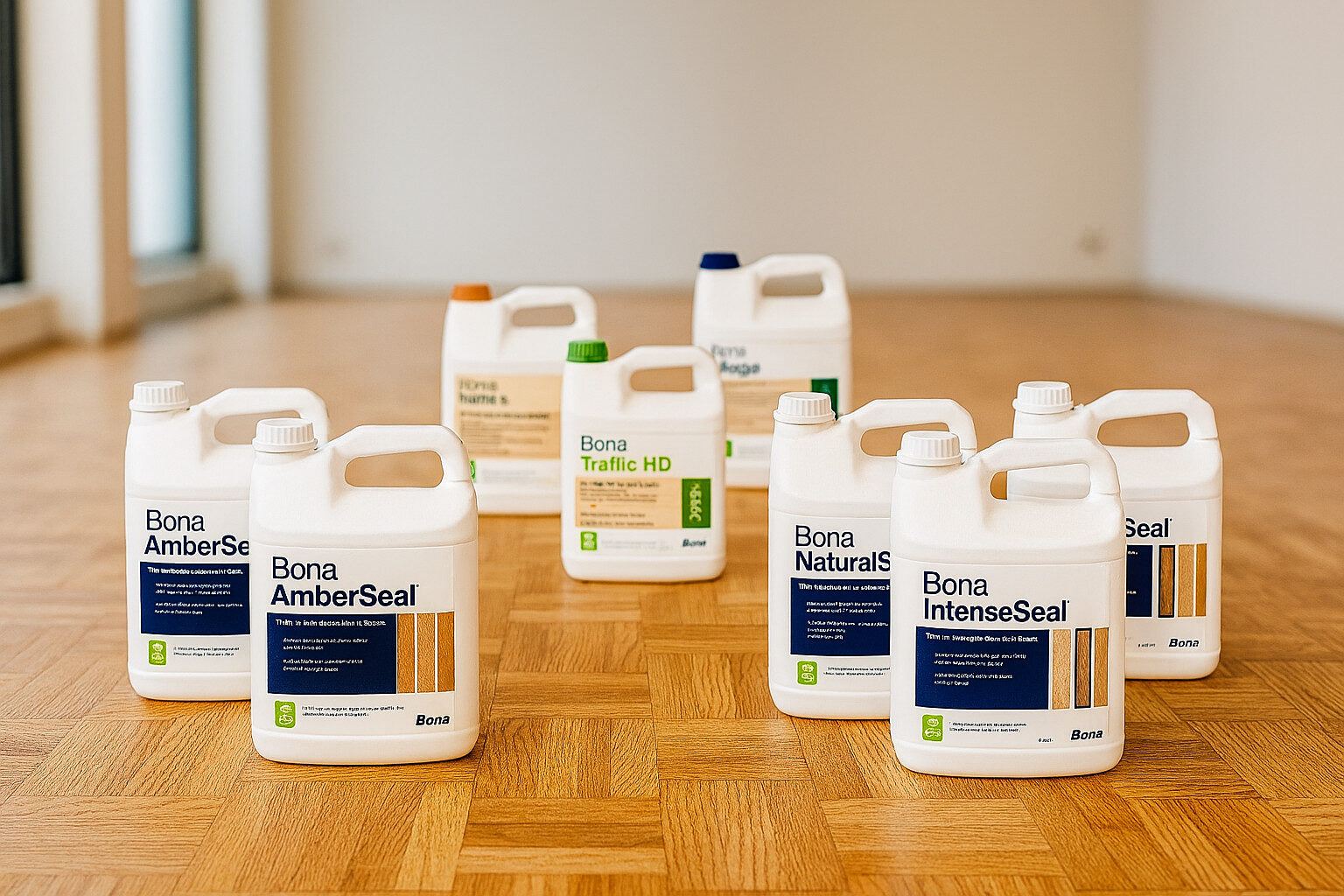 Wood Floor Restoration products on an oak mosaic parquet hardwood floor, showing Bona sealers and lacquers used for durable finishing.