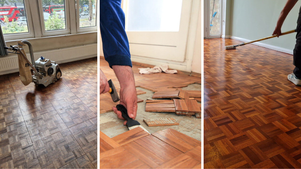 Wood Floor Restoration sequence on oak finger-block parquet (hardwood): sanding, replacing damaged blocks, and applying finish for a uniform sheen.