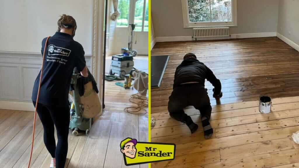 A Girl from Mr Sander® is sanding an oak floor in a living room in, using the Lagler HUMMEL. The HUMMEL features a powerful LED lighting system, high powered aggressive sanding, and extremely low dust emissions. It has a single-phase AC motor with 230 V / 50 CPS / 2.2 kW & thermal overload protection, a sanding drum width of 200 mm, drum speed of 2400 rpm, sanding belt dimensions of 200 x 750 mm, and a machine weight of 79 kg.