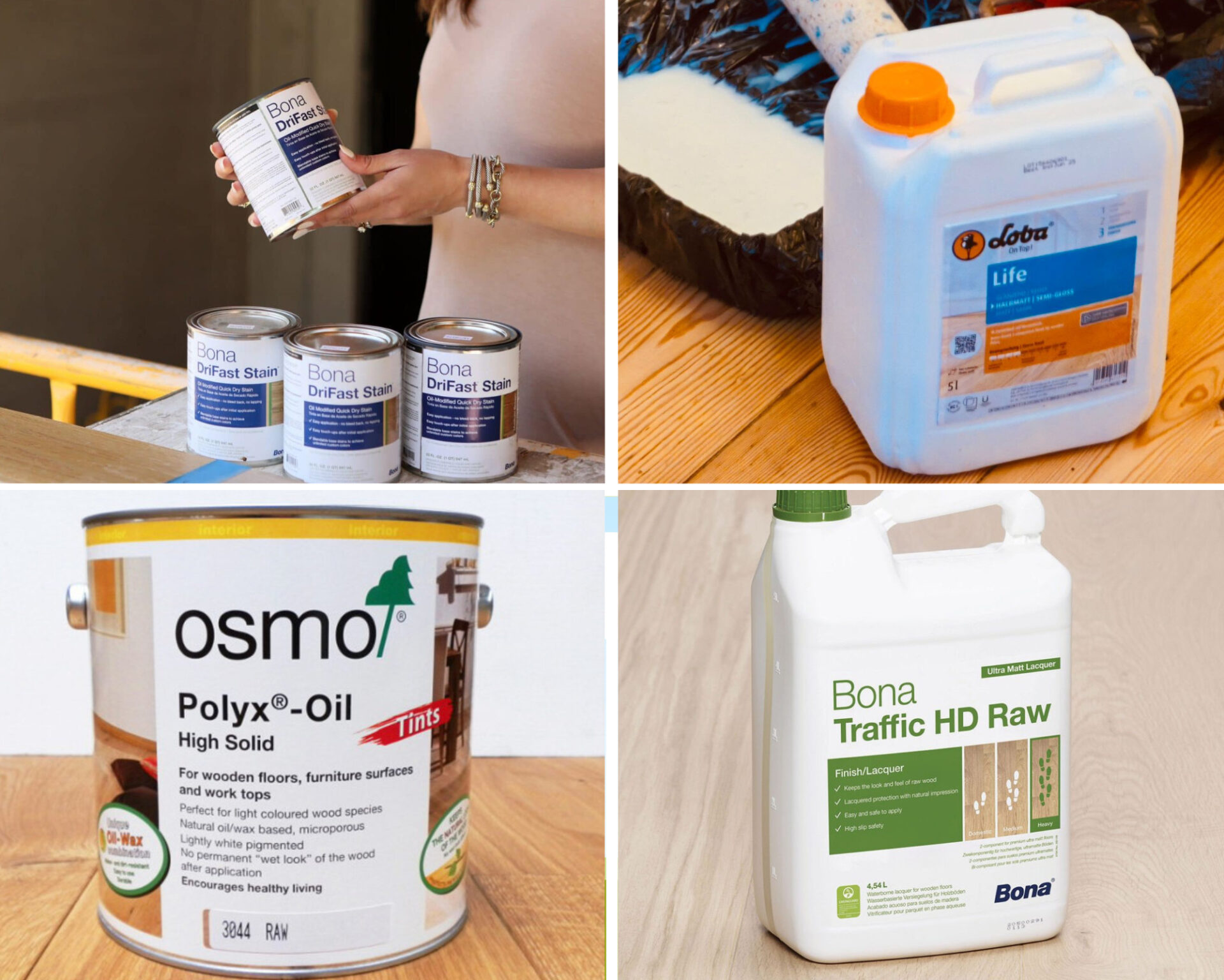 Selection of professional finishes used after Wood Floor Sanding in London, including oils and lacquers for protecting oak wood floors and other timber floor types.