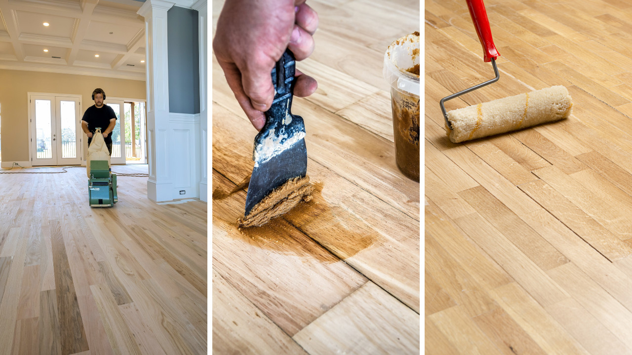 Wood Floor Sanding on an oak hardwood floor, showing a professional sanding the boards, gap filling between oak planks, and applying finish with a roller.