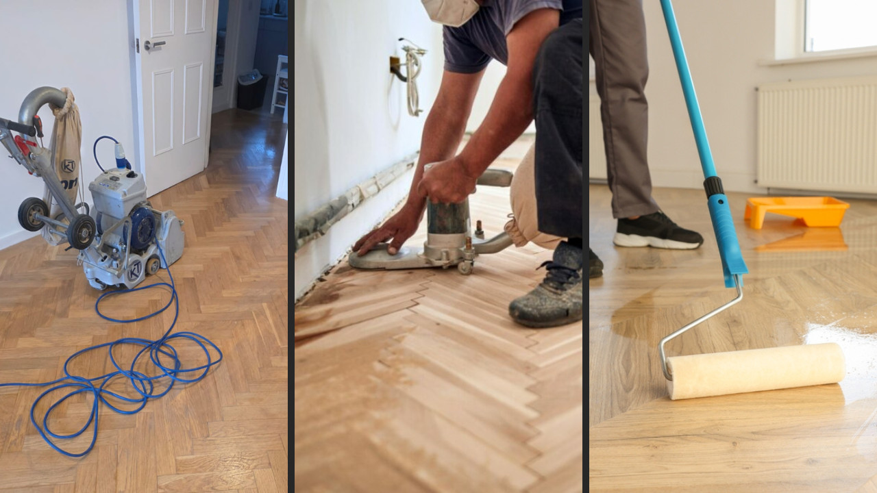 Three-stage Wood Floor Sanding process on an oak herringbone parquet floor, showing belt sanding, edge sanding and roller-applied finishing coat
