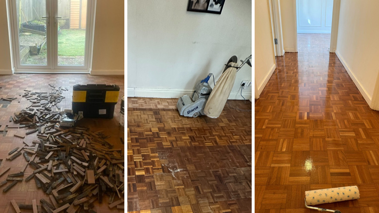 Three-stage Wood Floor Sanding on a parquet wood block floor, showing damaged blocks removed, sanding in progress, and the final glossy restored finish.