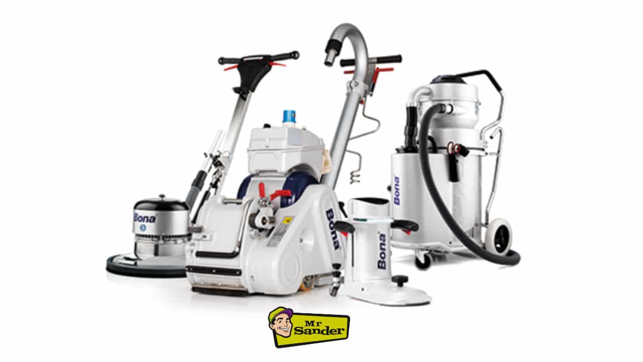 A collection of floor sanding and refinishing equipment from Mr. Sander®, including a floor sander, dust extractor, and various sanding tools, displayed prominently. The tools are designed for hardwood floor restoration, specifically for sanding and refinishing wood floors.